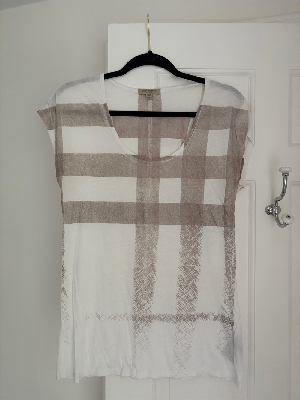 Burberry Lightweight White & Taupe Plaid Women's Scoop Neck Top